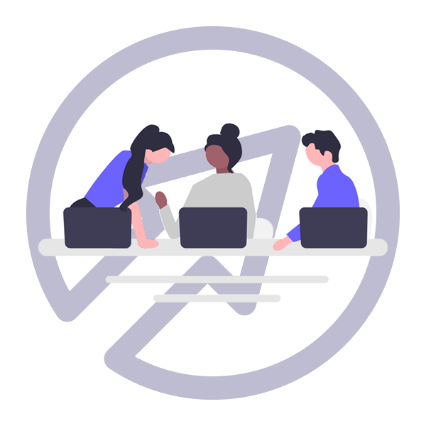 Illustration of three people with laptops talking
