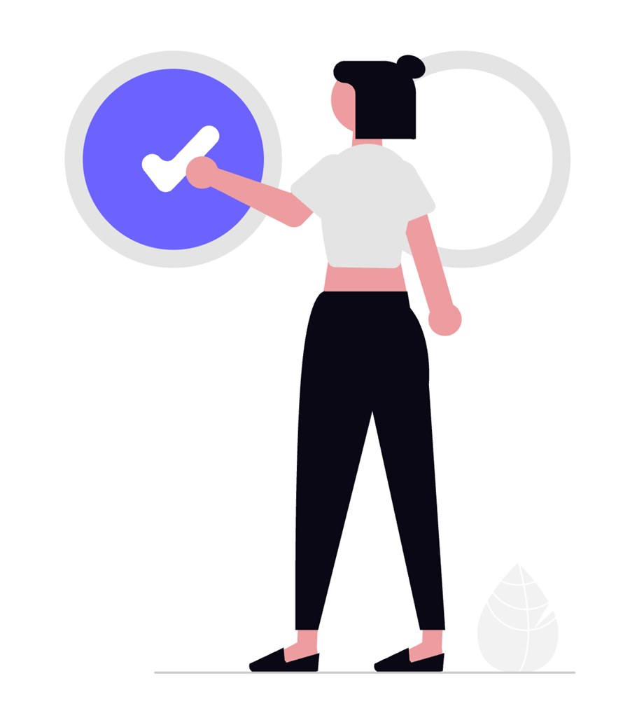 Woman standing in front of two circles, point to one that has a check mark in it