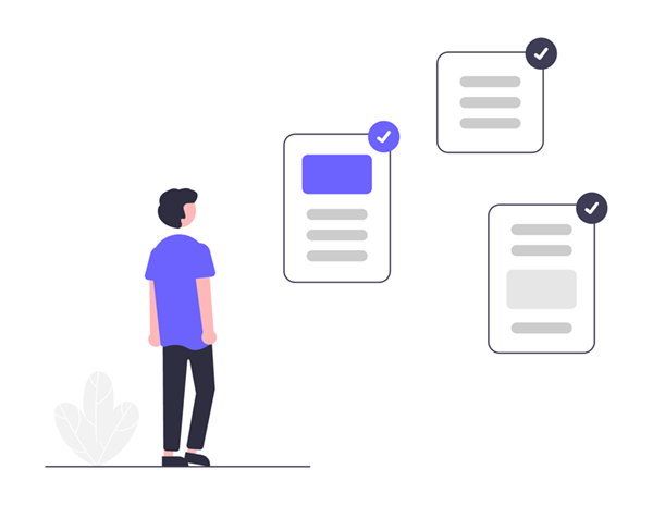Illustration of a person looking at three documents floating in the sky with one document highlighted with a check mark