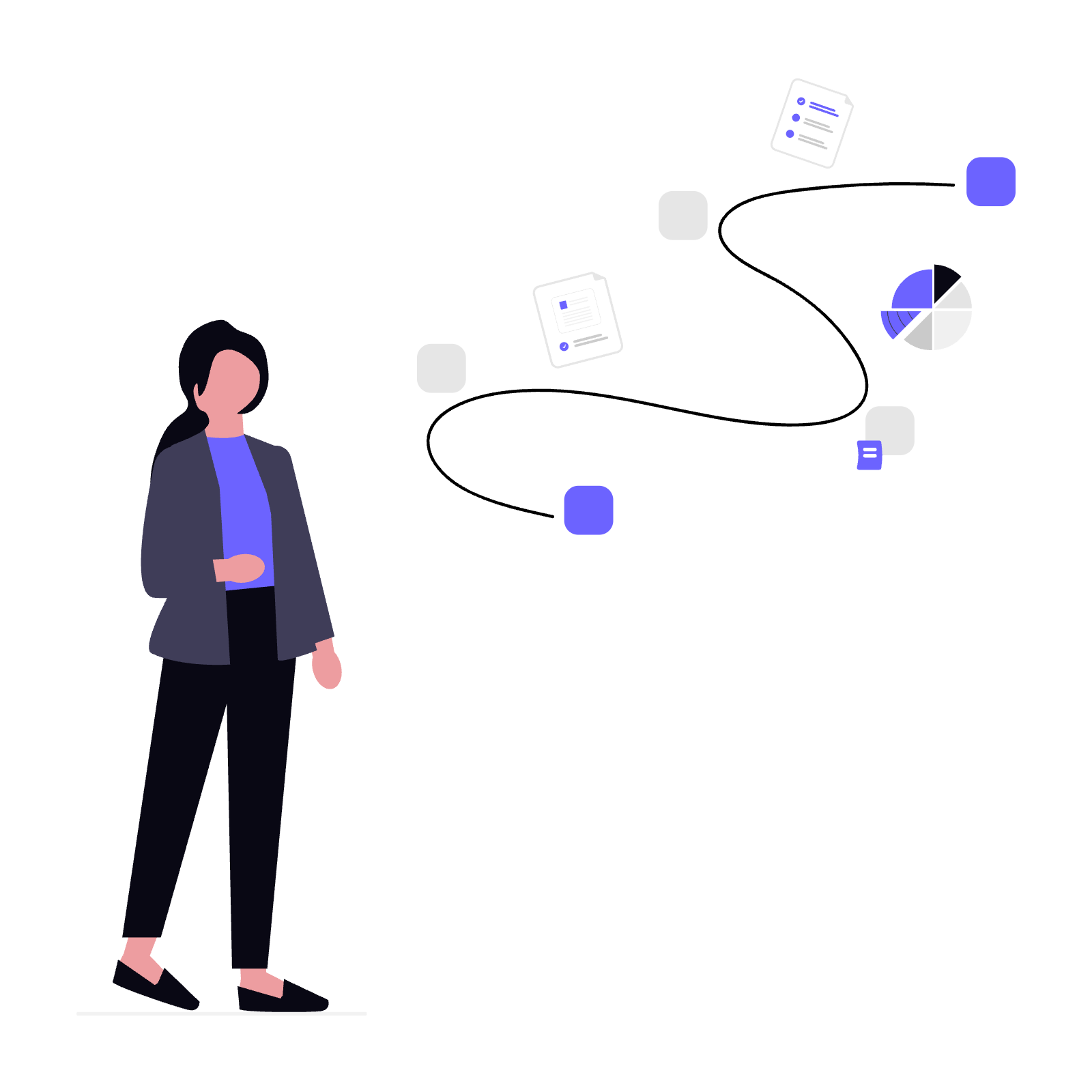Illustration of a woman looking at a visual representation of a project journey with charts and documents