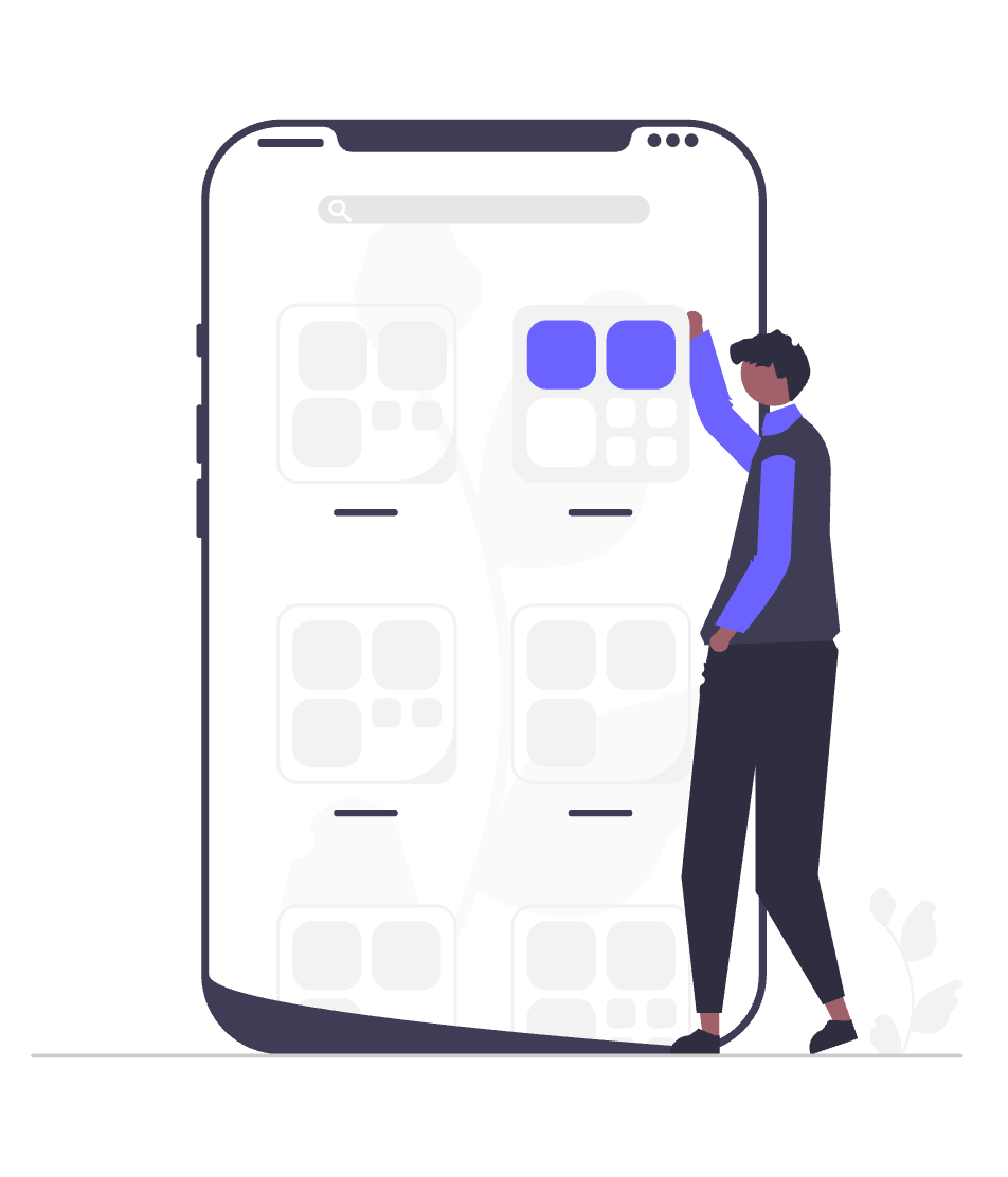 Illustration of a person standing next to a large mobile phone with dummy user interface elements on the screen