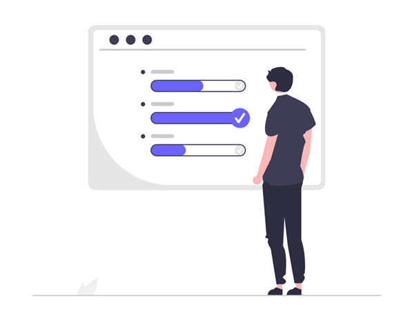 Illustration of a person standing in front of a large computer screen displaying generic performance metrics