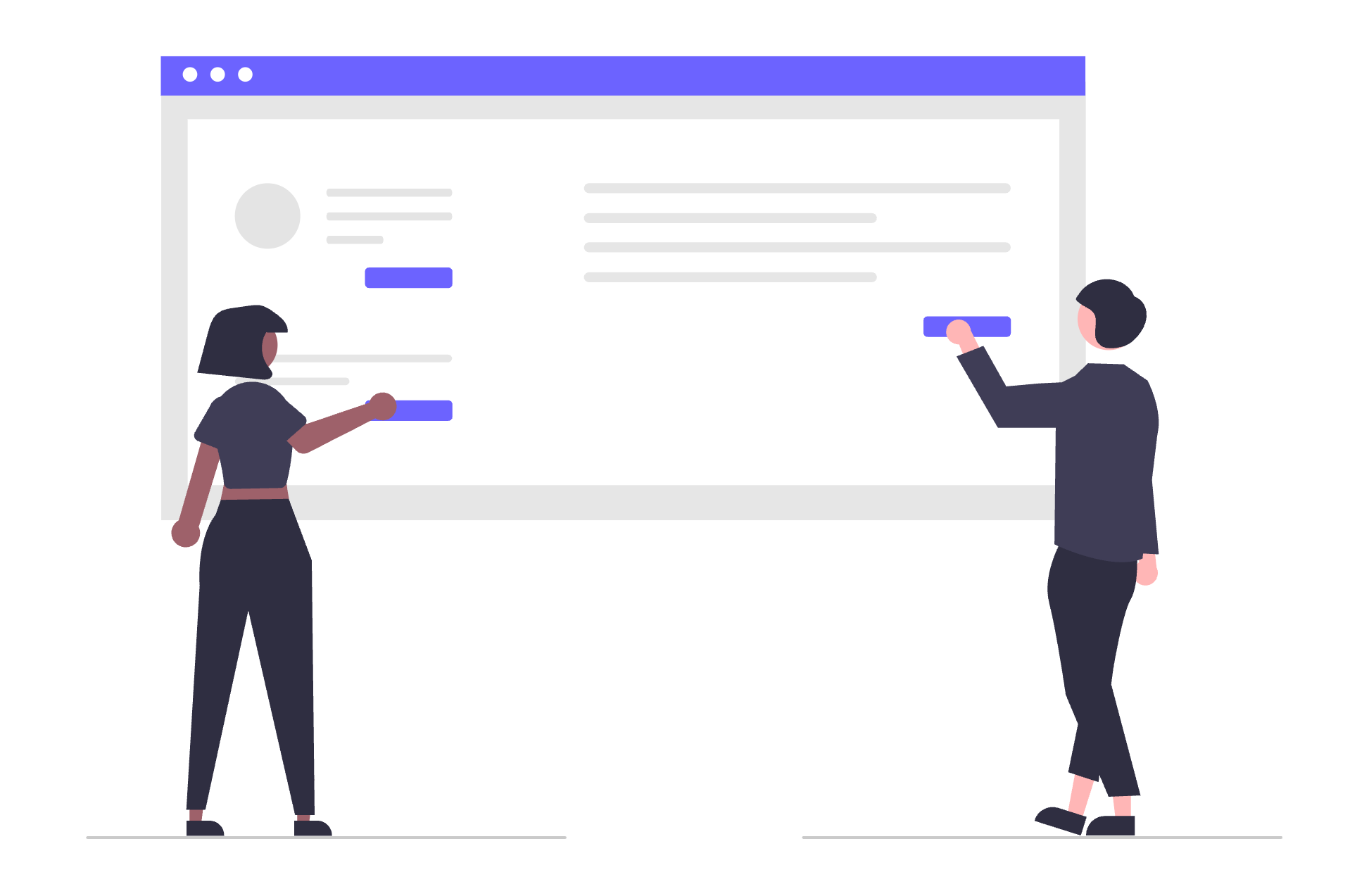 Illustration of two people standing in front of a large screen pointing at abstract buttons